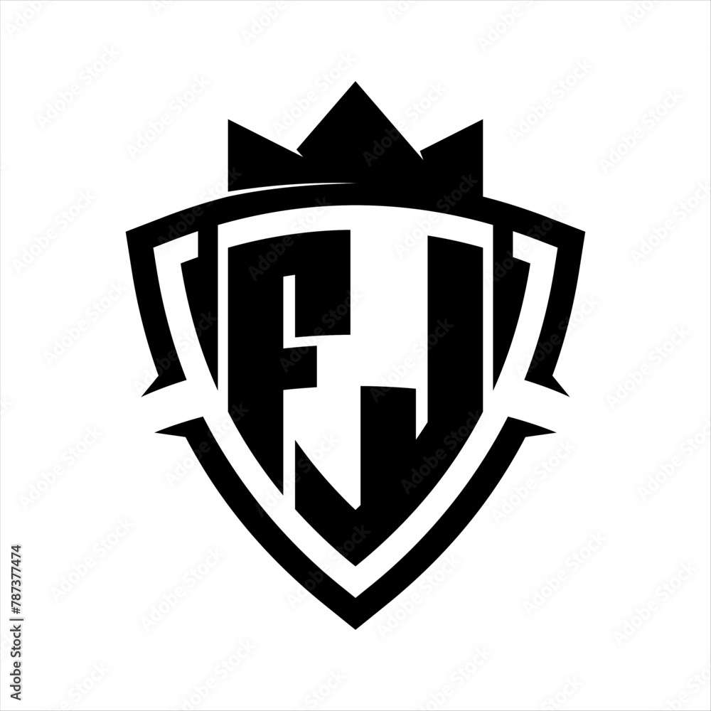 FJ Letter bold monogram triangle curve shield shape with crown black and white background color design FJ Letter bold monogram triangle curve shield shape with crown black and white background color design