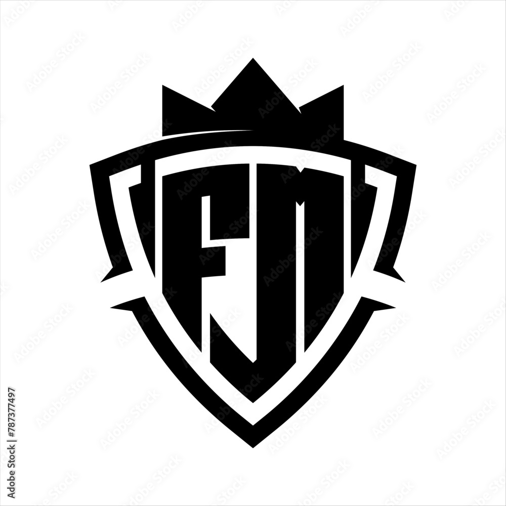 FM Letter bold monogram triangle curve shield shape with crown black and white background color design FM Letter bold monogram triangle curve shield shape with crown black and white background color design