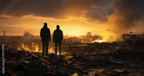 Two people standing on the ground of destroyed city  nuclear disaster  sunset in background. Created with Ai