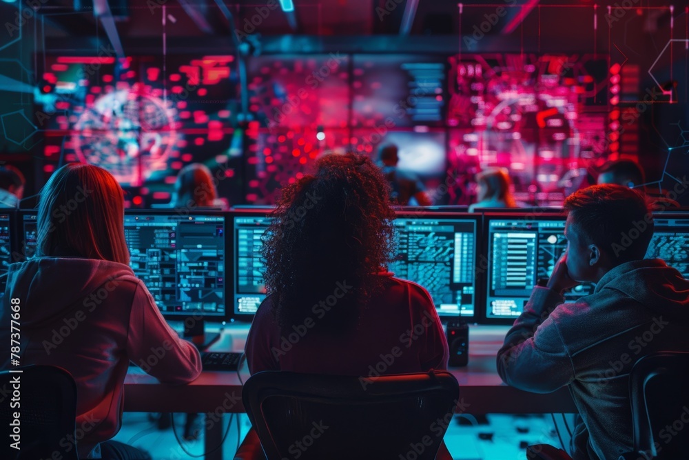 cybersecurity professionals monitoring screens with real-time data on network threats, Diverse group of professionals intently monitoring data on screens in neon-lit command center, cybersecurity professionals monitoring screens with real-time data on network threats, Diverse group of professionals intently monitoring data on screens in neon-lit command center,