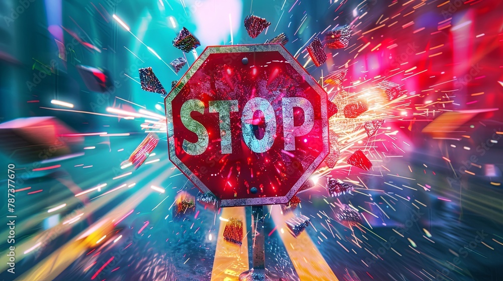 Dazzling stop sign with vibrant fireworks display Dazzling stop sign with vibrant fireworks display