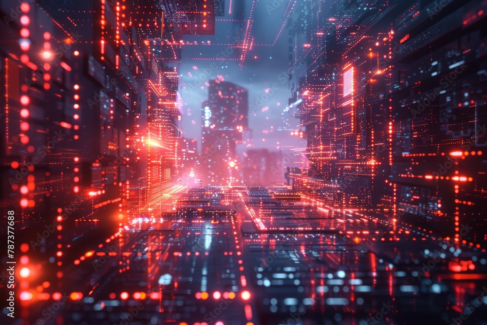 Network of computers receiving real-time protection from an invisible cybersecurity shield, Red-hued circuitry cityscape, digital pulses travel through skyscraper silhouettes,