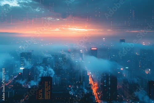 A high-rise view of the city with visible layers of PM 2.5 pollution, Dawn's light touches a cloud-covered cityscape, a main artery glowing red with traffic, conveying early morning urban life.