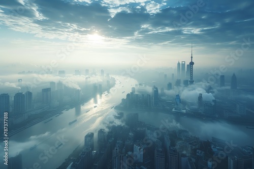 A high-rise view of the city with visible layers of PM 2.5 pollution, Early morning light reflects off a calm river winding through a foggy city, high-rises looming over still waters. photo