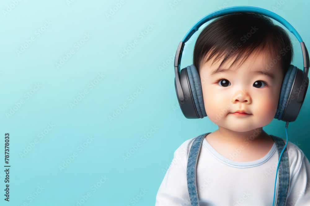 baby wearing headphones isolated on a color solid bright background baby wearing headphones isolated on a color solid bright background