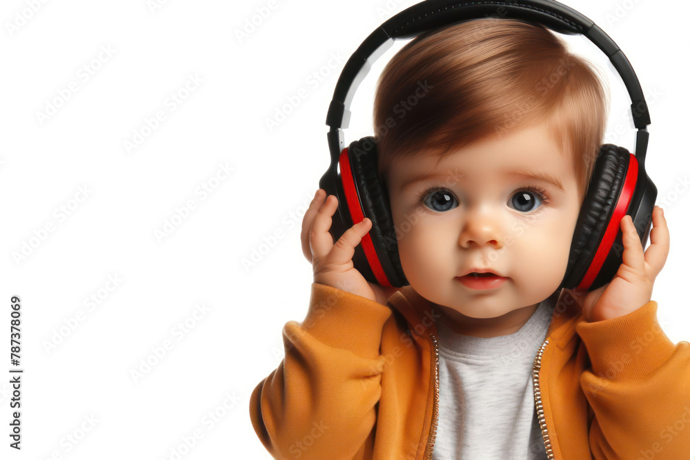 baby wearing headphones isolated on a solid white background baby wearing headphones isolated on a solid white background