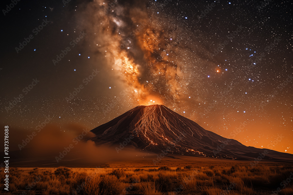 Cosmic Spectacle, Volcano and Milky Way in Stunning Night Sky Cosmic Spectacle, Volcano and Milky Way in Stunning Night Sky