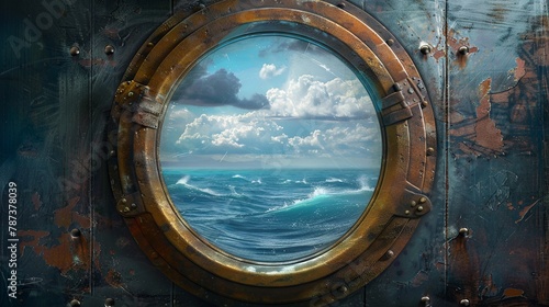Nautical adventure through a submarine porthole with ocean views photo