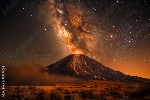 Cosmic Spectacle, Volcano and Milky Way in Stunning Night Sky
