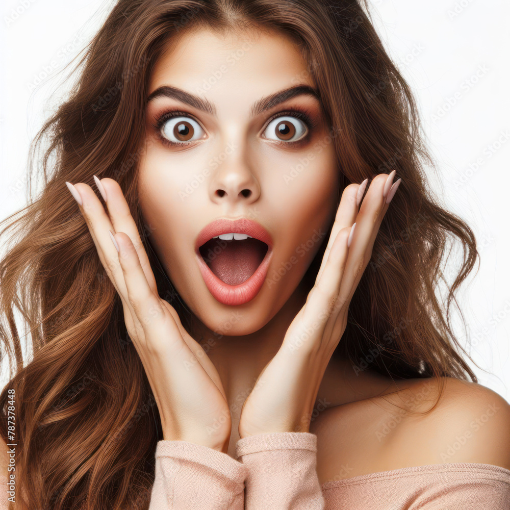 woman expressing surprise and shock emotion with her mouth open and big wide open eyes on a white background woman expressing surprise and shock emotion with her mouth open and big wide open eyes on a white background