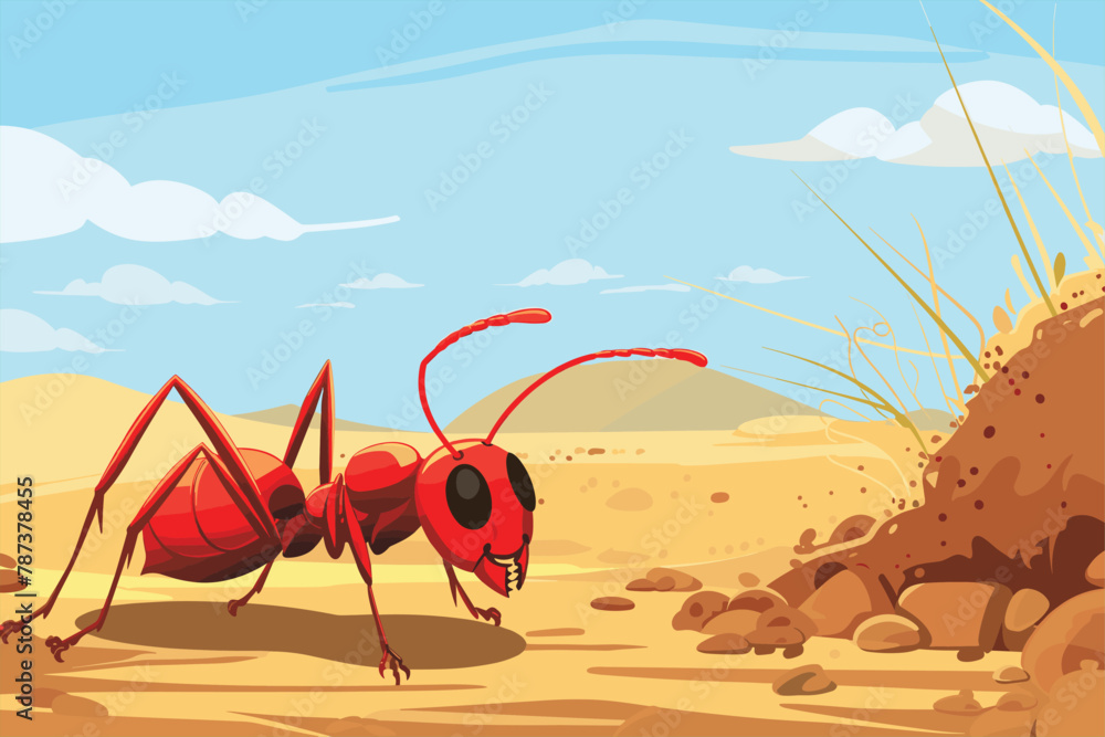 Cartoon ants colony and ant hill. red color ant in the ant hill ...