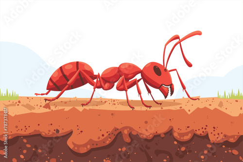 Cartoon ants colony and ant hill. red color ant in the ant hill. Cartoon ants colony and ant hill