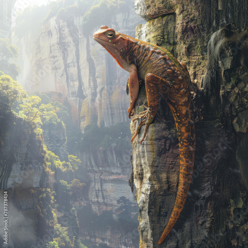 An adventurer yunnan lake newt in human form standing at the edge of a cliff