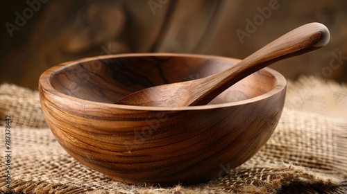 Handcrafted wooden bowl and spoon on rustic background