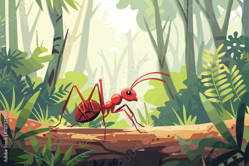 Cartoon ants colony and ant hill. red color ant in the ant hill. Cartoon ants colony and ant hill