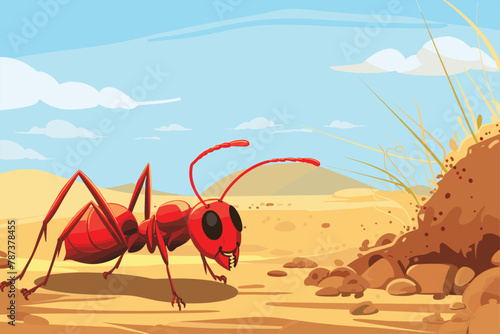 Cartoon ants colony and ant hill. red color ant in the ant hill. Cartoon ants colony and ant hill