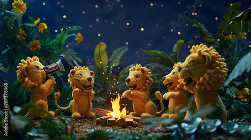 Lions Gathered Around Campfire Announcing Summer Specials in Lush Vegetation and Starry Night generative ai photo