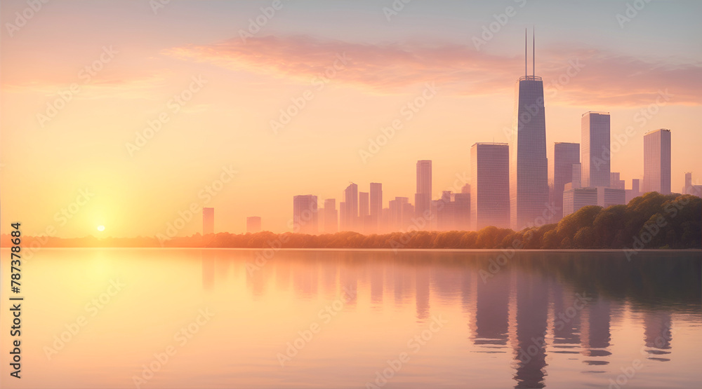 Fototapeta premium City with skyscrapers on the lakeshore during sunset
