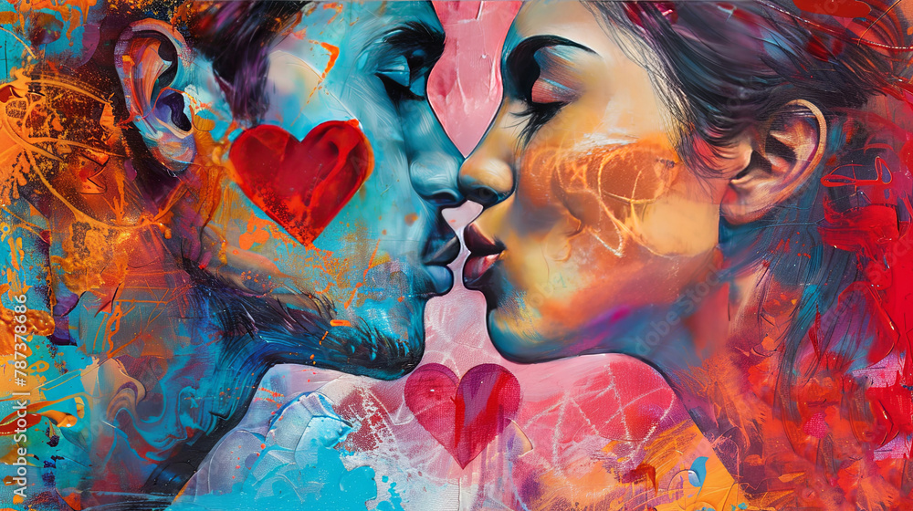 Abstract colorful couple kissing with painted hearts backdrop