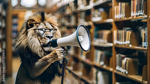A Wise Lion Advocates for Summer Learning in the Library generative ai photo