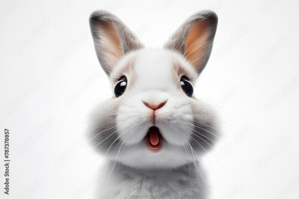 Fototapeta premium funny face of a surprised bunny shot at a wide angle isolated on a white background