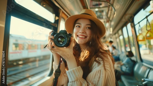 Young girl tourists travelling smile and use camera take a photo travel photography on the train
