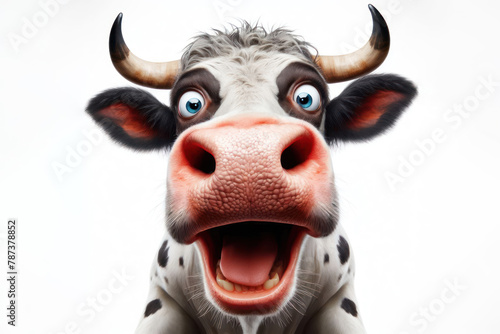 funny face of a surprised bull shot at a wide angle isolated on a white background