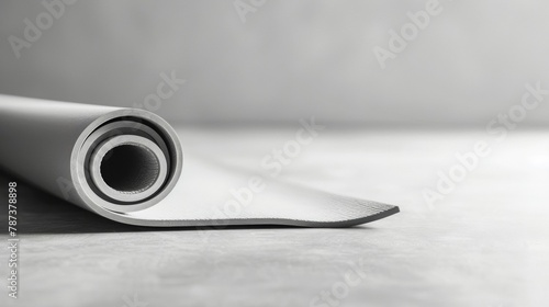 Blank mockup of a minimalist yoga mat in shades of grey and white. .