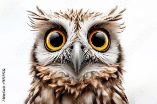funny face of a surprised owl shot at a wide angle isolated on a white background
