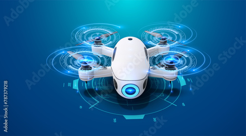 Futuristic Autonomous Drone Blue Digital Overlays. Сutting-edge white drone hovers, surrounded by dynamic blue digital interface overlays, evoking a sense of advanced autonomous technology. Vector