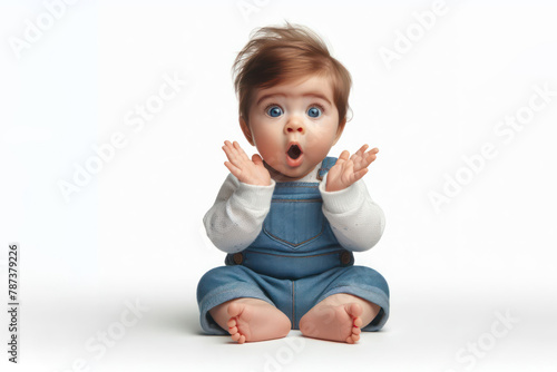 full length wide angle shot of a baby with a surprised isolated on a white background photo