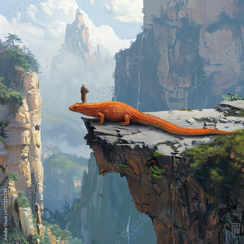 An adventurer yunnan lake newt in human form standing at the edge of a cliff