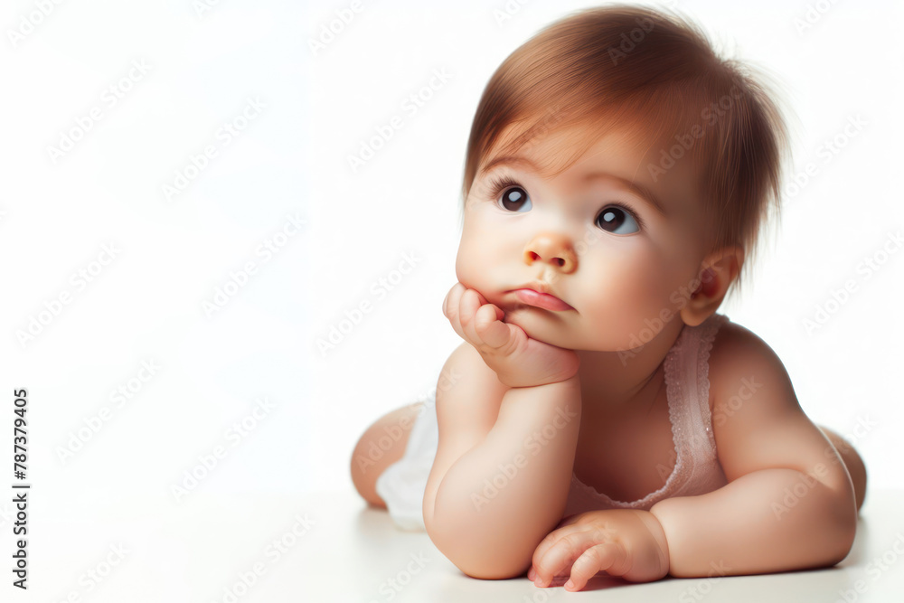 Baby in Thoughtful Posture isolated on a white background Baby in Thoughtful Posture isolated on a white background