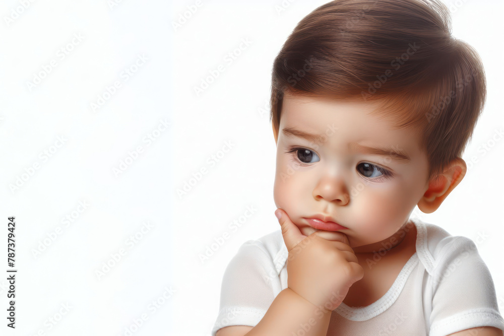 Baby in Thoughtful Posture isolated on a white background Baby in Thoughtful Posture isolated on a white background