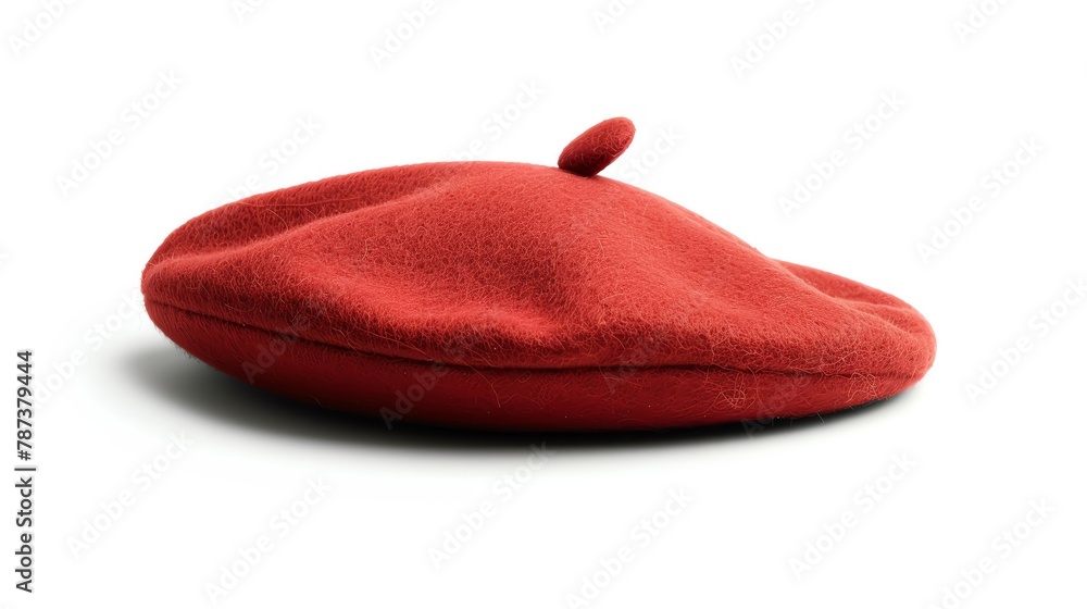 Beret France A classic red beret with a small, jaunty stem on top, rendered in a soft, feltlike texture for a quintessentially French look, isolated white background Beret France A classic red beret with a small, jaunty stem on top, rendered in a soft, feltlike texture for a quintessentially French look, isolated white background