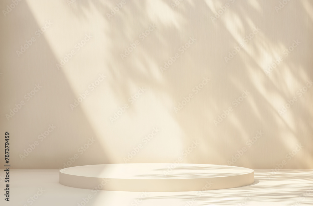 A soft beige background with subtle shadows from window light and a podium in the center. It's perfect as a mockup template in digital design projects or as a presentation backdrop. A soft beige background with subtle shadows from window light and a podium in the center. It's perfect as a mockup template in digital design projects or as a presentation backdrop.
