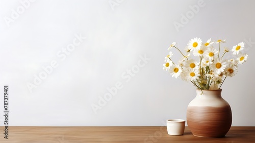 Wooden table with beige clay vase with bouquet