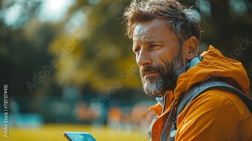 A vibrant scene on the sports field sidelines with a coach using a tablet to review and share critical health and performance data with players, with the action-packed game ongoing in the background. photo