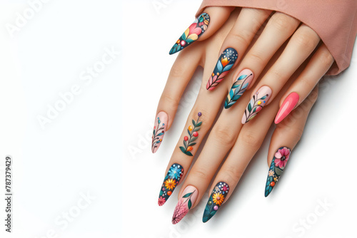 female hand with colorful nails on white background copy space