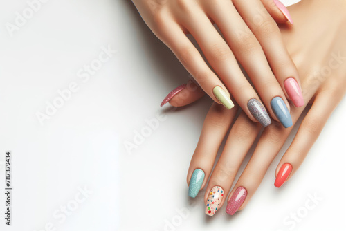 front view female hand with colorful nails on white background copy space