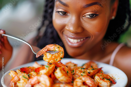 Delightful cuisine: black woman smiles, eating boiled shrimp