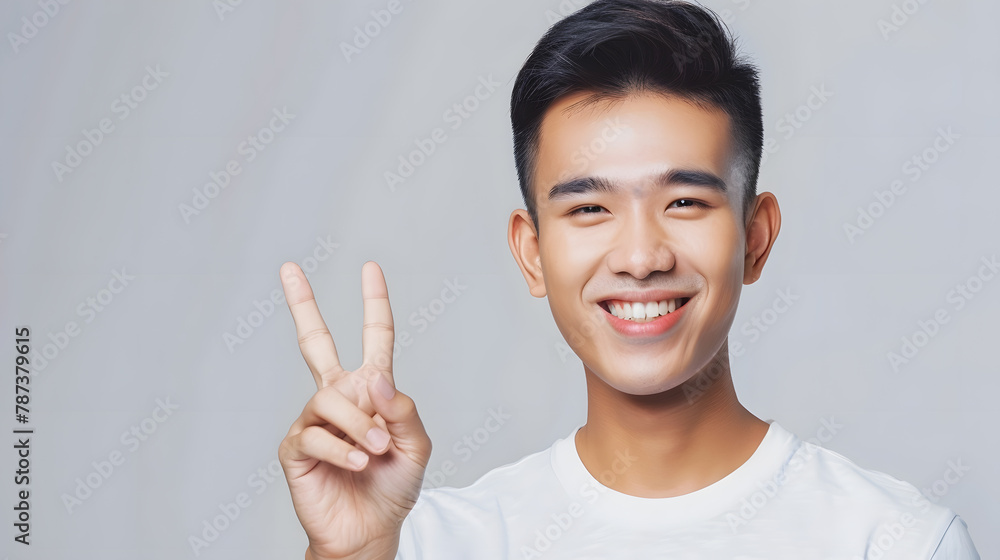 Happy handsome smiling young Asian man with hand gesture to show message on copy space isolated on background : Generative AI Happy handsome smiling young Asian man with hand gesture to show message on copy space isolated on background : Generative AI