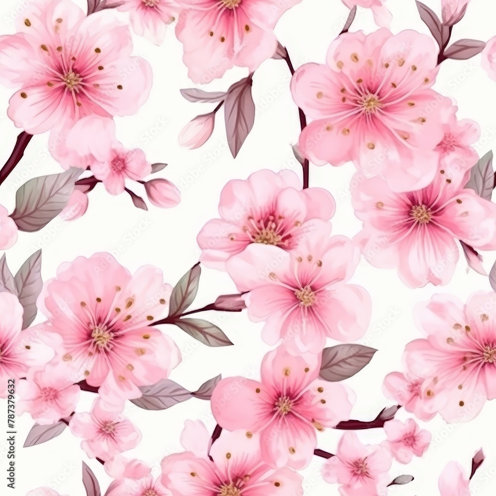 A seamless pattern of delicate pink cherry blossoms on a white background. A seamless pattern of delicate pink cherry blossoms on a white background.