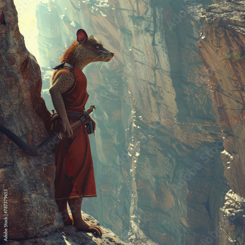 An adventurer sicilian wolf in human form standing at the edge of a cliff photo