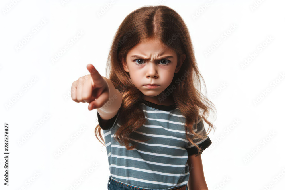 Angry kid girl pointing with finger on white background Angry kid girl pointing with finger on white background