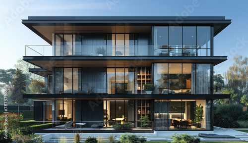  A modernist building with black metal frames and glass windows, featuring three floors of luxury living spaces and an outdoor terrace overlooking the city skyline. Created with Ai photo