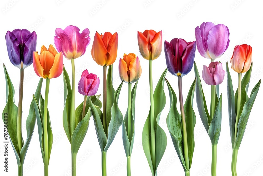 Bright and cheerful tulips in a range of colors from deep purples to vibrant oranges, each stem and bloom isolated against a white background for a clean look, isolated white background Bright and cheerful tulips in a range of colors from deep purples to vibrant oranges, each stem and bloom isolated against a white background for a clean look, isolated white background