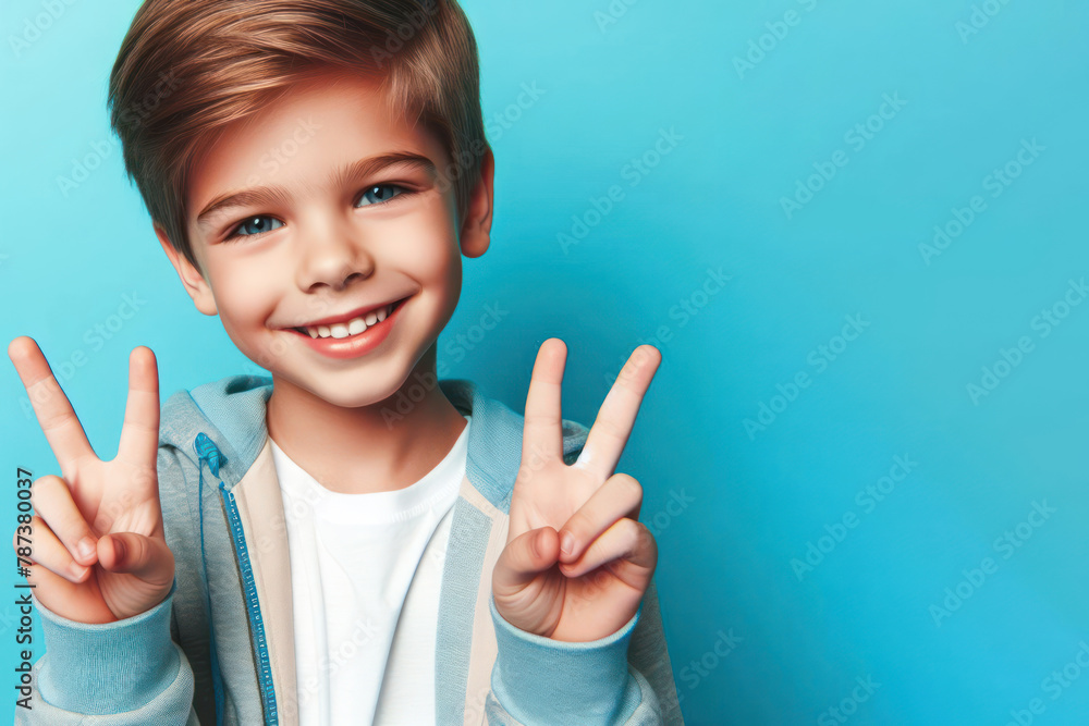 Little boy with a smiling happy face shows a peace sign with his fingers on bright blue background Little boy with a smiling happy face shows a peace sign with his fingers on bright blue background