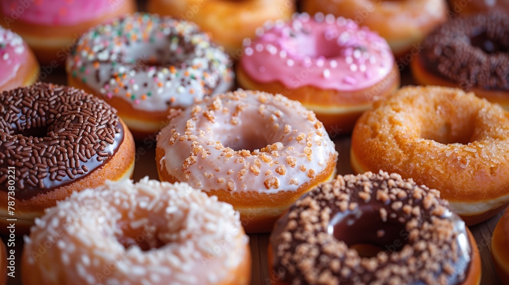 Various types of doughnuts displayed on the table