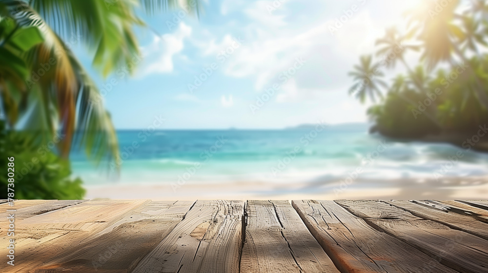 Beautifully blurred background of an empty wooden table with copy space and a beautiful view from the window to a tropical beach with white sand, blue water and palm trees on a sunny day.